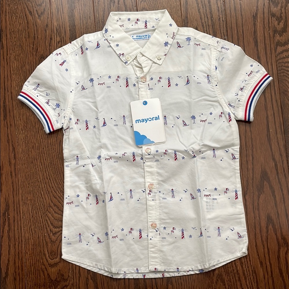 Mayoral White Nautical Printed Shirt Boy’s 4 NWT
